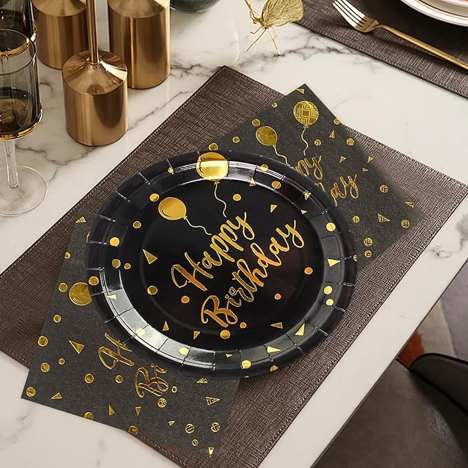 9 Inch Birthday Plates and Napkins, Black and Gold Balloons Dessert plates Disposable Party Supplies 40PCS Cake Paper Plates Tableware for Birthday Party Decorations