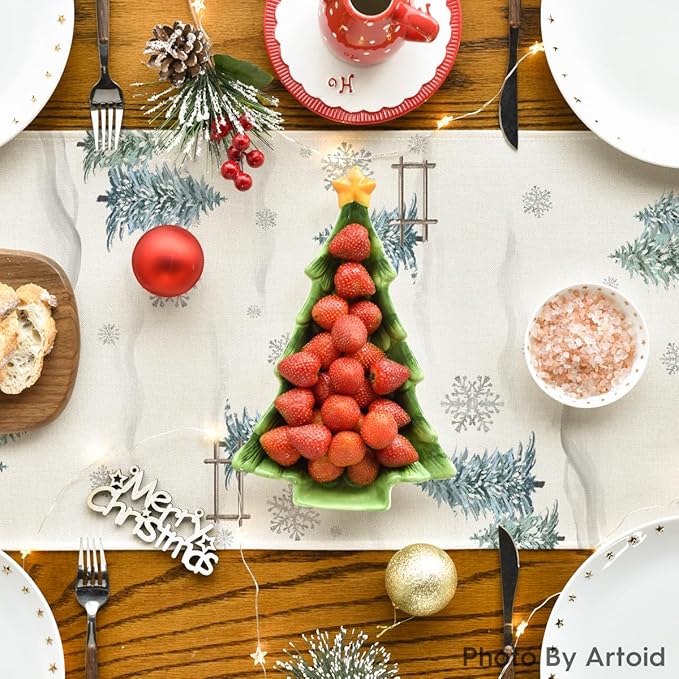 Artoid Mode Xmas Trees Let It Snow Blue Snowman Christmas Table Runner, Seasonal Winter Holiday Kitchen Dining Table Decoration for Home Party Decor 13x60 Inch