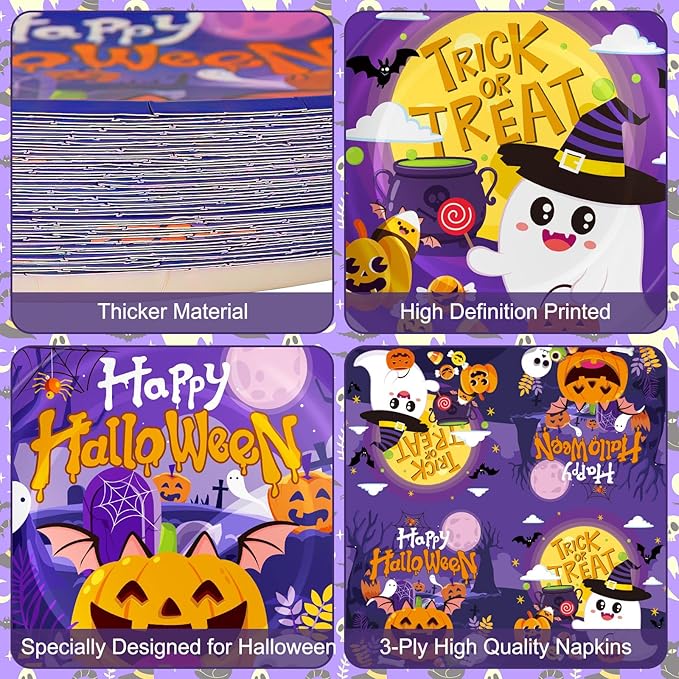 150 Pcs Halloween Plates and Napkins Sets - Cute Happy Halloween Party Supplies Tableware, Halloweens Disposable Paper Plates Napkins Set for Halloweens Birthday Party Decorations Favors, Serve 50
