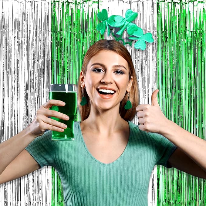 3 Pack Silver Green Foil Fringe Curtain Backdrop, 3.28Ft x 8.2Ft Metallic Tinsel Foil Fringe Streamer Curtains for Photo Booth, Mother's Day, Easter, Birthday, Wedding Party Decorations