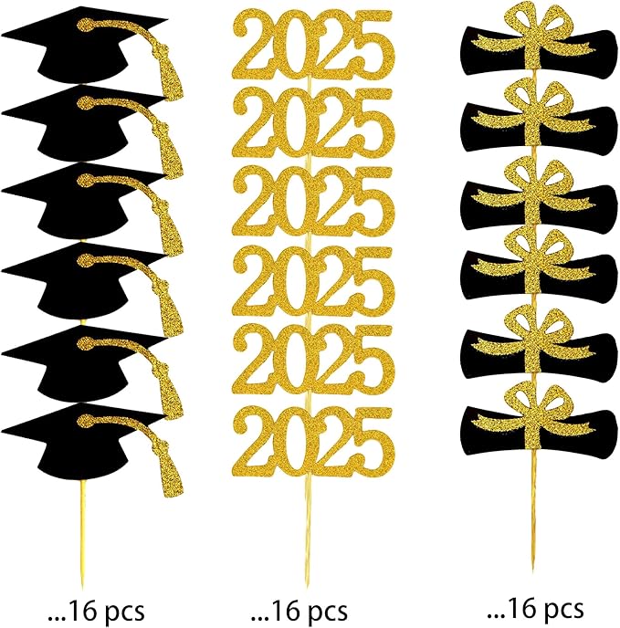 2025 Graduation Cupcake Toppers, 48 PCS Food/Appetizer Picks For Graduation Party Mini Cake Decorations, Diploma, 2025, Grad Cap Set 48 Pieces (01 Gold)