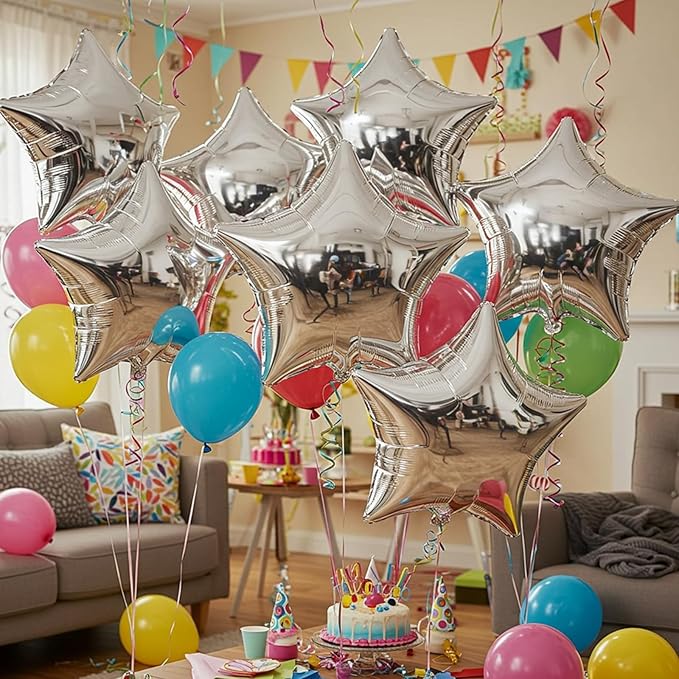 TONIFUL 15Pcs 18 Inch Large Silver Star Shape Foil Balloons Big Silver Stars Helium Mylar Ballons for Birthday Wedding Baby Shower Anniversary Engagement Party Decorations Supplies