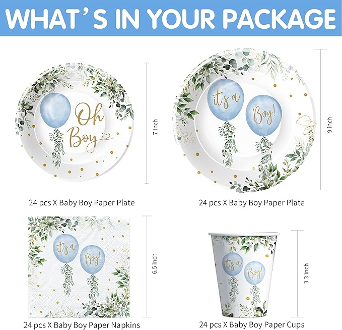 Balloon Baby Shower Decorations, Watercolor Blue Balloon Baby Boy Party Supplies, Plate, Napkin, Cup, Tablecloth, Cutlery, Banner, Greenery Oh Boy Baby Shower Table Decorations, Serves 24