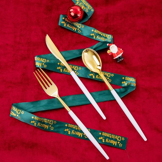Supernal Christmas Plastic Plates, Gold Plastic Cutlery – 180pcs Elegant Disposable Dinnerware with White-Gold Knives/Forks/Spoons, GoldRim Clear Tumblers, Premium Christmas Tableware for 30 Guests