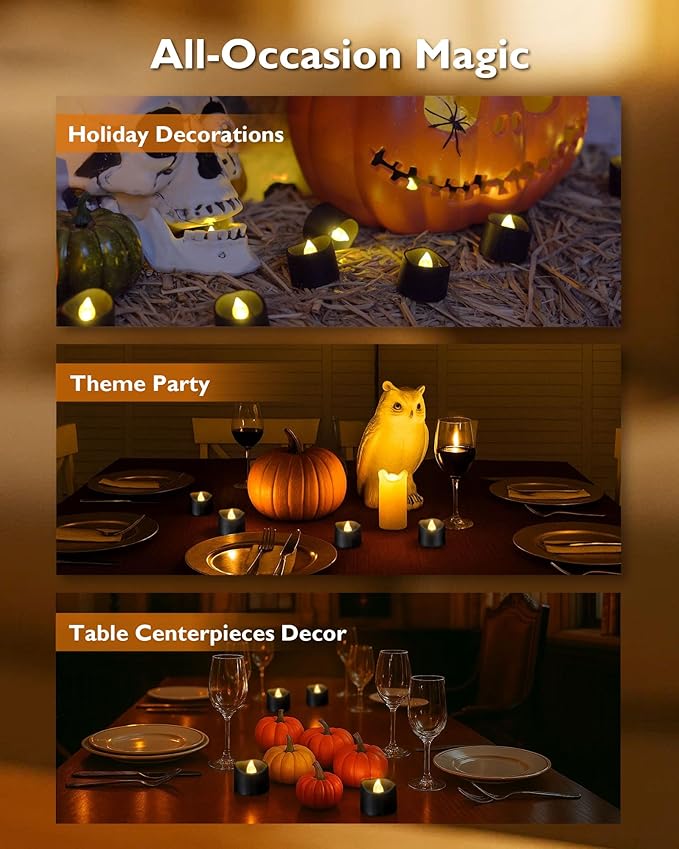 Homemory Black Tea Lights Candles Battery Operated, 200+Hour Flameless Flickering Fake Electric LED Colored Tealights Candles for Halloween, Theme Party, Wedding Table Decor, Holiday Decor, 24-Pack