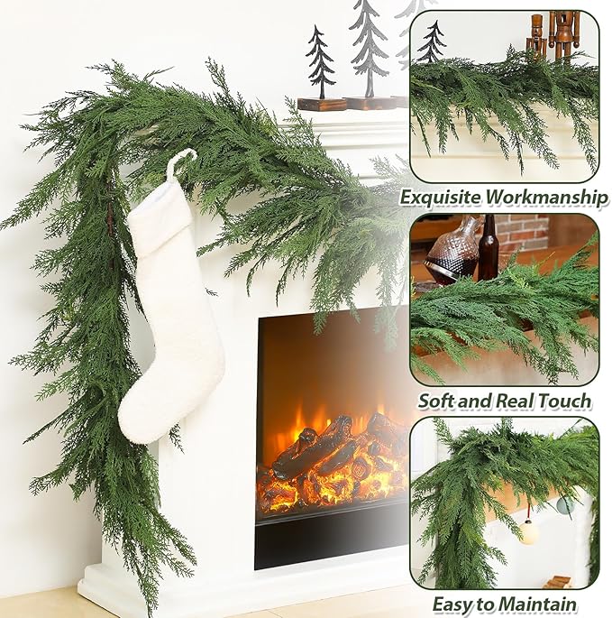 Jutom 1 PCS 9 ft Christmas Cedar Garland - Green Artificial Realistic Cedar Garland Faux Decoration for Table, Mantel, Wall Winter Holiday Party