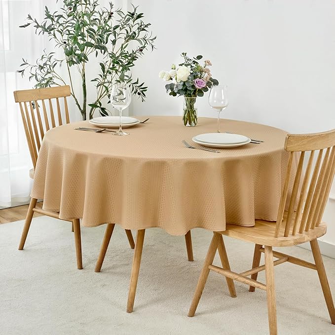 maxmill Round Weaved Texture Design Tablecloth Spill-Proof Wrinkle Free Soft Washable Table Cloth for Circular Table Cover, for Dining Room Buffet Banquet Parties Holiday Dinner, 70 Inch Beige