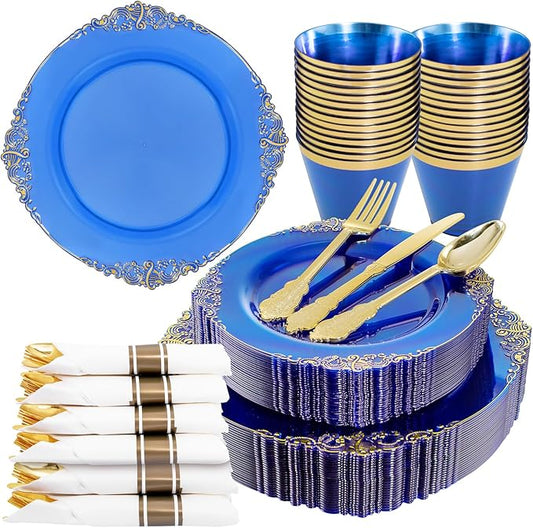 Nervure 175PCS Blue Plastic Plates - Disposable Blue Gold Party Plates & Pre Rolled Napkins with Cutlery for 25 Guests, 50Plates, 75Silverware, 25Cups, 25Napkin for Wedding & Party & Independence Day