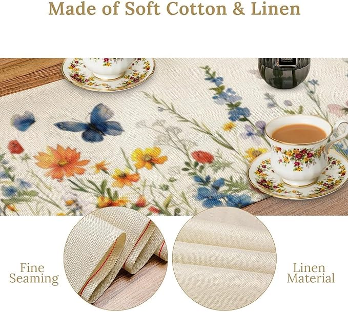 Butterfly Table Runner, Wildflowers Floral Butterfly Table Decoration Seasonal Spring Summer Home Kitchen Dining Table Indoor Outdoor Farmhouse Decor 13x36 in
