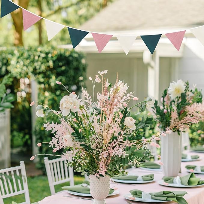 2 Sets of Dusty Pink Green Beige Pennant Banner 24Pcs Flags Nursery Garland Linen Fabric Triangle Bunting Streamers for Kids Girls Birthday Boho Baby Shower Wedding Party Decorations Baby Room Decor