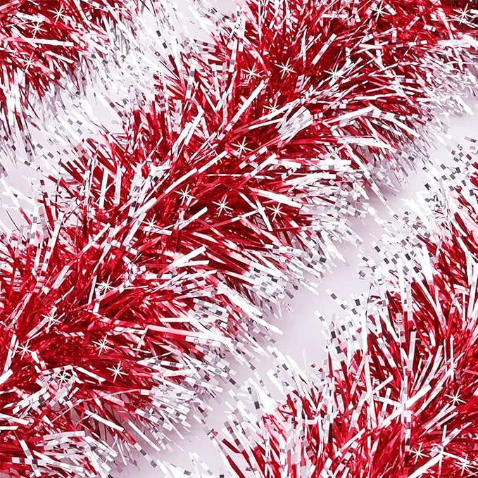50Ft Christmas Tinsel Garland, Red Snowflake Metallic Twist Garland for Xmas Tree Decorations, Tinsel for New Year Party Ceiling Hanging Decorations Indoor and Outdoor Decor
