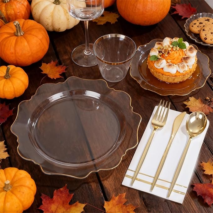 WDF 350Pcs Clear and Gold Plastic Plates - Heavy Duty Clear Plates Disposable - Gold Dinnerware Sets of 100 Plastic Plate 150Silverware 50 Cups 50 Napkins for Wedding/Party/Thanksgiving