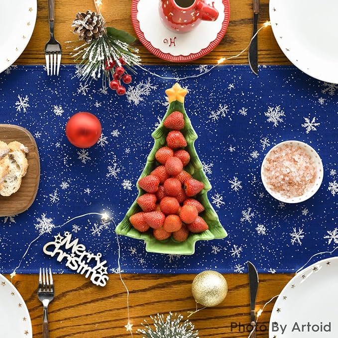 Artoid Mode Snowman Birds Trees Christmas Table Runner, Seasonal Blue Winter Holiday Kitchen Dining Table Decoration for Indoor Outdoor Home Party Decor 13 x 120 Inch