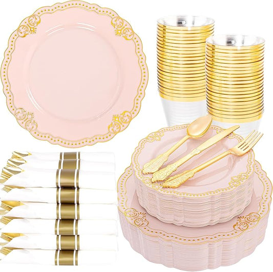 Ciaell 350 PCS Pink Plastic Plates - Pink and Gold Disposable Plates Include 50 Disposable Plate, 150 Heavy Duty Silverware, 50 Cups, 50 Napkins for Wedding & Party & Anniversary