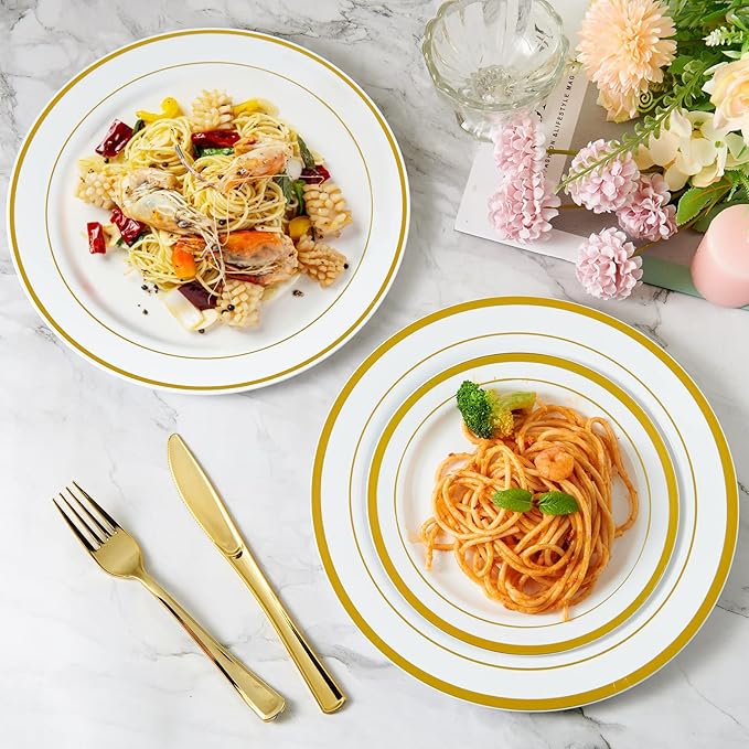 JollyPack 100 Piece Disposable Gold Plastic Party Plates, Including 50 10 Inch Dinner Plates and 50 7 Inch for Dessert, Great for Parties, Weddings, Home Use, and Thanksgiving