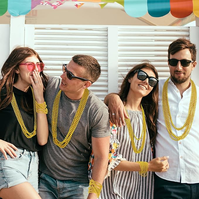 200PCS Mardi Gras Beads, 33" Gold Bead Necklaces Stuff, Mardi Gras Christmas Beads Costume Necklace, Festival Parade Throw Accessories for Wedding Birthday Pirate Party School Activities Supplies