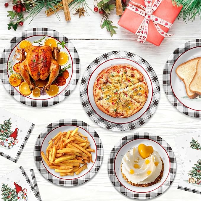 150Pcs Christmas Paper Plates and Napkins Heavy Duty Dinnerware Set Serve 50, Buffalo Plaid Christmas Tree Dinner Plates Disposable Party set, Dwarf Tableware for Holiday Xmas Home Party Supplies