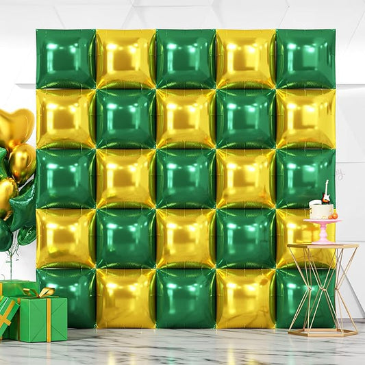 NISOCY 25PCS Christmas Balloons Green Gold Square Foil Balloon Wall Backdrop Double Sided Deep Green Gold Balloons Arch Kit for Birthday New Year Graduation St. Patrick's Day Party Decorations