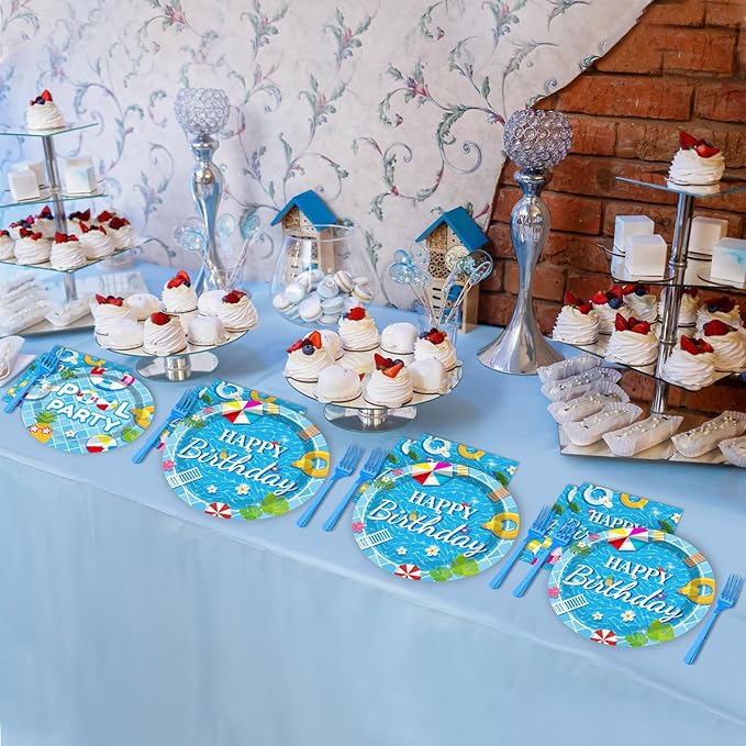 96 Pieces Pool Birthday Party Tableware Set for Summer Beach Table Decorations Supplies Beach Ball Dessert Plates Summer Pool Party Napkins Forks for 24 Guests Hawaiian Birthday Party Favors