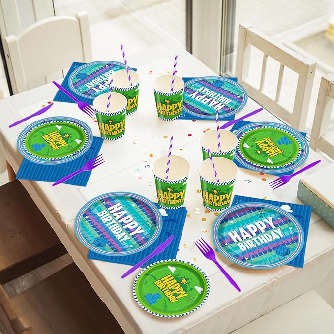 Video Games Party Tableware Supplies，Including Paper Plates Napkins Cups Forks Knives and Straw Video Games Theme Party Birthday Decorations Serve 24 Guests