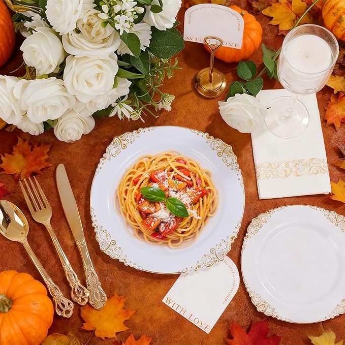 Ciaell 300PCS White and Gold Plastic Plates - Gold Disposable Dinnerware Sets for 50 Guests - 100 Plates, 50 Knives, 50 Forks, 50 Spoons, and 50 Napkins for Wedding, Anniversary, Party & Thanksgiving