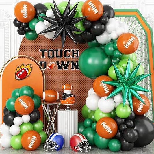 Football Balloons Arch Kit with Star Foil Balloons, Football Party Balloons Garland with Green Black White Brown Football Balloon for Boys Sports Birthday Party Footballs Themed Decorations