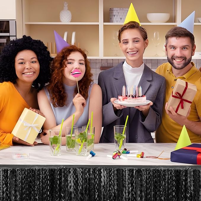 6 Pack 10 Feet Black Wave Foil Fringe Garland Metallic Tinsel Streamers Banner Wall Hanging Curtain Backdrop for Parade Floats, Mother's Day, Easter, Wedding, Birthday Party Decoration