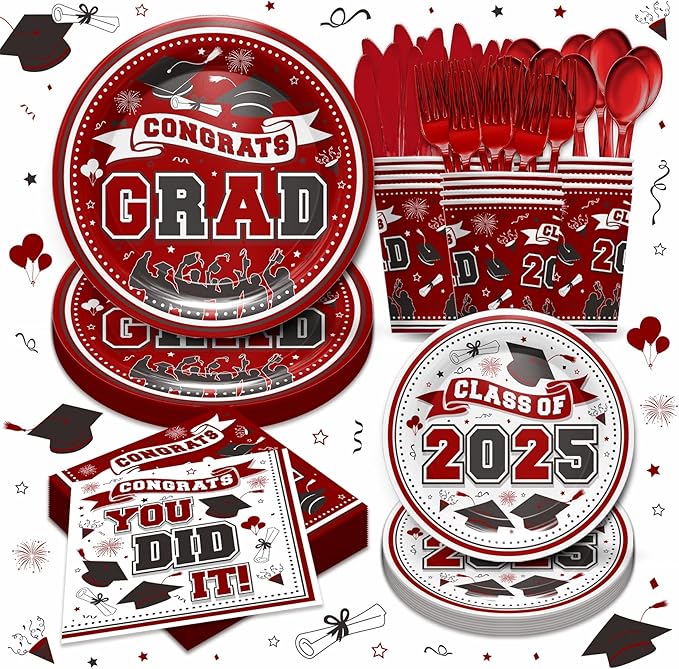 Graduation Decorations Class of 2025 - Graduation Party Supplies 2025 Include Plates, Cups, Napkins, Cutlery, 24 Guests (Maroon)