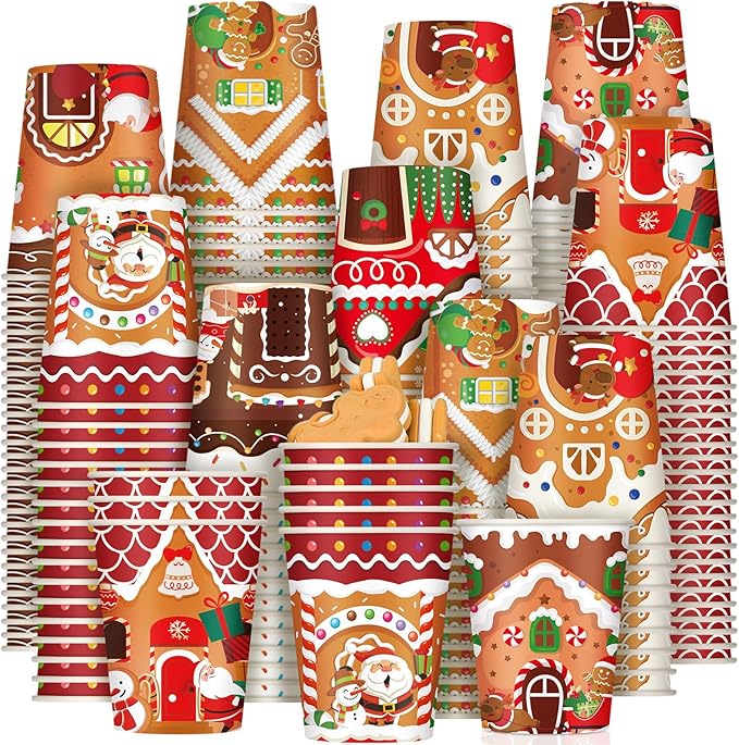Zhehao 200 Pcs Christmas 9 oz Paper Cups Disposable Coffee Cups Santa Snowman Elk Disposable Hot Cups Xmas Party Drinkware Supplies for Holiday Tea Beverage Cocoa Cold Hot Drink (Gingerbread Style)