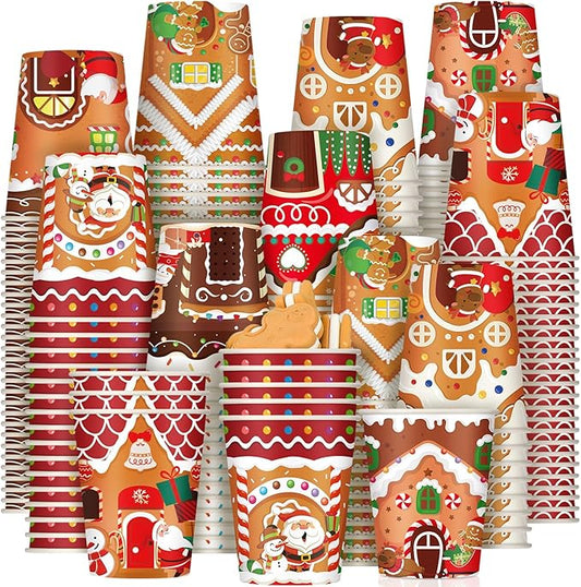 Zhehao 200 Pcs Christmas 9 oz Paper Cups Disposable Coffee Cups Santa Snowman Elk Disposable Hot Cups Xmas Party Drinkware Supplies for Holiday Tea Beverage Cocoa Cold Hot Drink (Gingerbread Style)