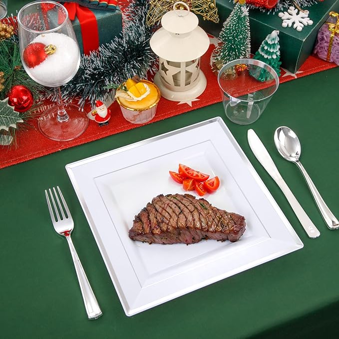 Festiva 350Pcs Silver Plates - Silver Square Plastic Plates 9 .5" and 6" - serve for 50 guests include 50 Cups 50Plastic Cutlery 50Hand Napkins Perfect for Party&Wedding&Birthday&Christmas