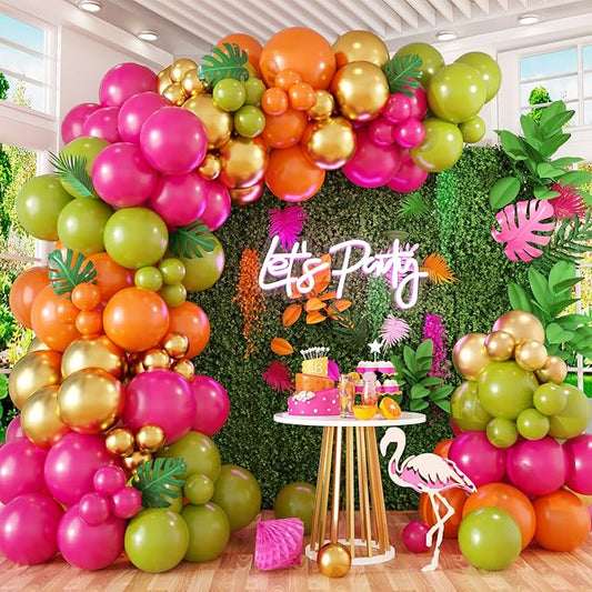 Tropical Hawaiian Balloons Arch Garland Kit, Olive Green and Hot Pink Orange Gold Balloons for Kids Hawaii Summer Beach Luau Aloha Pool Birthday Flamingo Baby Shower Party Decorations Supplies