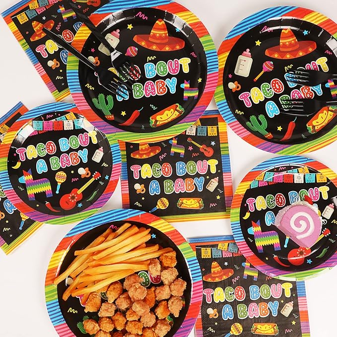 96 Pieces Taco Bout A Baby Party Plates Mexico Fiesta Theme Party Decorations Taco Llama Cactus Avocado Paper Plates and Napkins Mexican Disposable Dessert Tableware Set Mexico Supplies 24 Guests