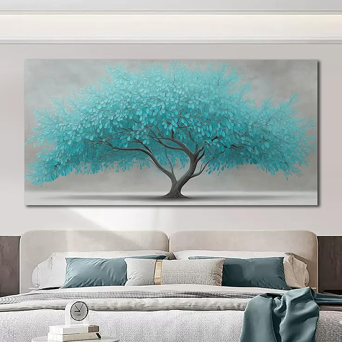 Tree of Life Wall Art for Living Room Bedroom Teal Blue Nature Print Picture Painting Large Framed Wall Decor for Bathroom Office Modern Home Botanical Landscape Wall Decorations Artwork Size 30x60 Ready to Hang