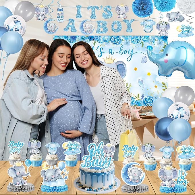 Elephant Baby Shower Decorations Banner, It's a Boy Backdrop, Foil & Latex Balloons, Mommy to Be Sash, Cake & Cupcake Toppers, Honeycomb Centerpieces, Hanging Swirls for Boy Baby Shower Decorations