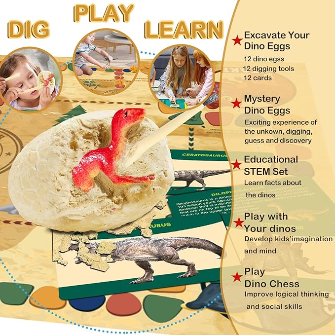 Dino Fossil Eggs Dinosaur Toys - 12 Dinosaur Eggs Dig Excavation Kit w Play Mat for Kids Ages 5-7 Easter Basket Essentials STEM Toy Christmas Birthday Gift for Boys Girls 3 4 5 6 7 8 + 8-13 Years Old