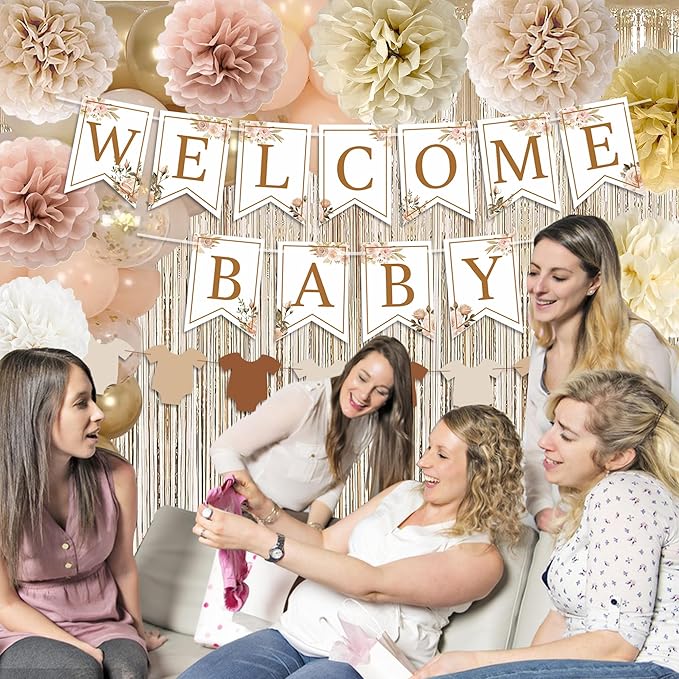 Champagne Baby Shower Decorations, Boho Beige Baby Shower Decor Set with Welcome Baby Banner,Tissue Pom Poms,Oh Baby Cake Topper,Nude Cream Gold Balloons| Neutral Baby Boy Girl Shower Party Supplies