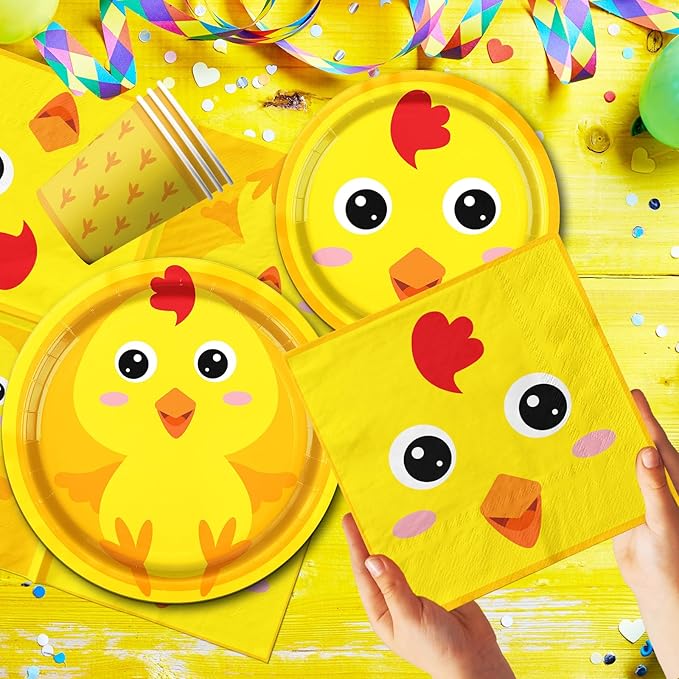 Chicken Farm Tableware Decoration, 142pcs Yellow Chick Theme Birthday Plates and Napkins Supplies