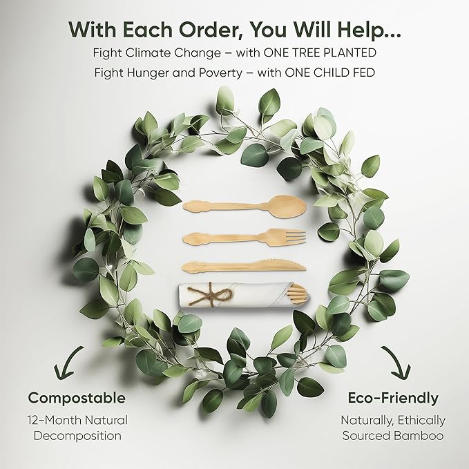 Luxury Pre-Rolled Napkin and Bamboo Cutlery Set (30 Pack, 120 PCS) 100% Biodegradable, Eco-Friendly, Disposable Wrapped Cutlery - Includes Pre-Wrapped Bamboo Forks, Knives, Spoons, & Napkins