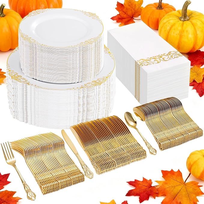 Ciaell 300PCS White and Gold Plastic Plates - Gold Disposable Dinnerware Sets for 50 Guests - 100 Plates, 50 Knives, 50 Forks, 50 Spoons, and 50 Napkins for Wedding, Anniversary, Party & Thanksgiving