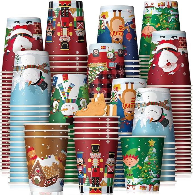 Zhehao 200 Pcs Christmas 9 oz Paper Cups Disposable Coffee Cups Santa Snowman Elk Disposable Hot Cups Xmas Party Drinkware Supplies for Holiday Tea Beverage Cocoa Cold Hot Drink (Xmas Tree Style)