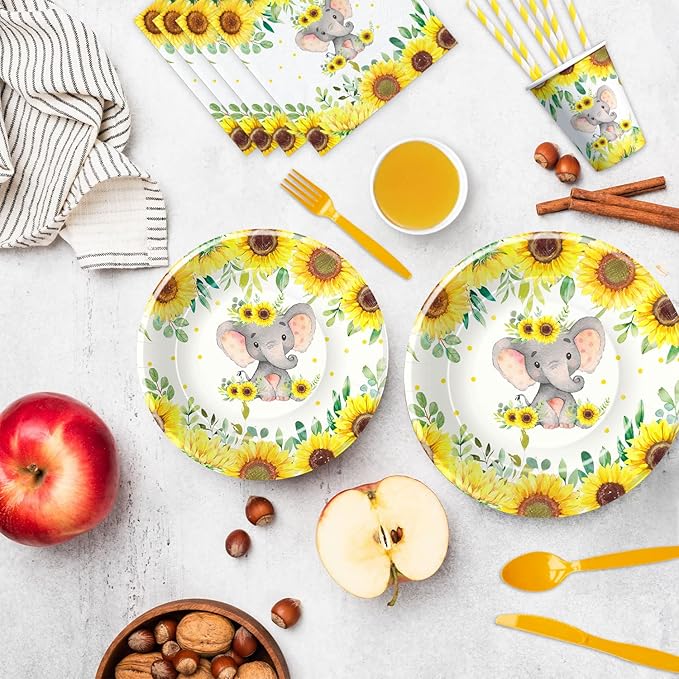 Xigejob Elephant Baby Shower Party Supplies - Elephant Baby Shower Birthday Decorations Tableware Include Plates, Cups, Napkins, Tablecloth, Cutlery, Straws | Serves 24