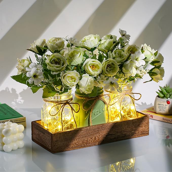 3 Pcs Mason Jar Centerpiece Table Decorations for Dining Farmhouse Coffee Table Decor with Wood Tray and Led Light Table Centerpieces for Dining room Kitchen Living Bathroom,Green