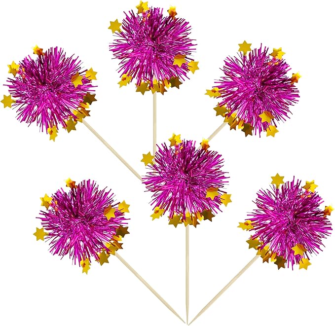 Ephlyn 30Pcs Foil Firework Cupcake Toppers Party Birthday Cake Toppers Supplies Sparkle Tinsel Cocktail Fruit Toothpick for Birthday Wedding Graduation Party Purple