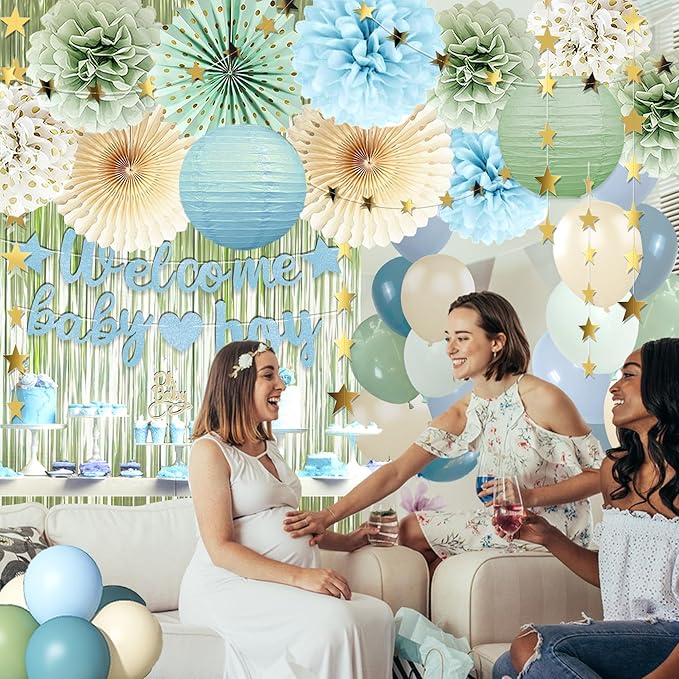 Dusty Blue Sage Green Baby Shower Decorations -Welcome Baby Boy Banner, Retro Sea-blue Green Balloons, 'Oh Baby' Cake Topper, Pom Poms Flowers Paper Fan For Birthday Jungle Boho Blue-Party Décor