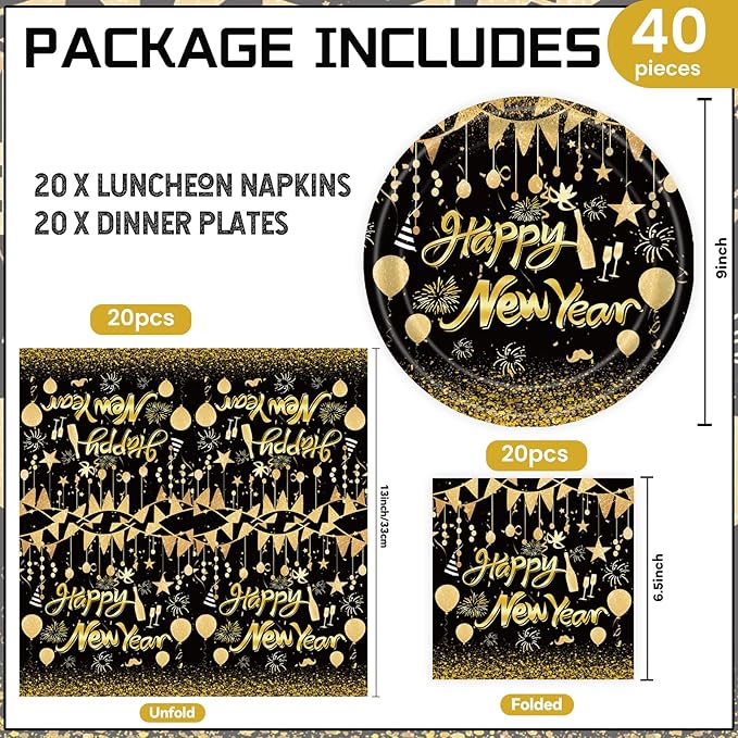 40Pcs 2026 Happy New Year Paper Plates and Napkins Party Supplies, Disposable New Years Eve Plates Napkins Dinnerware Set for New Years Party Decorations