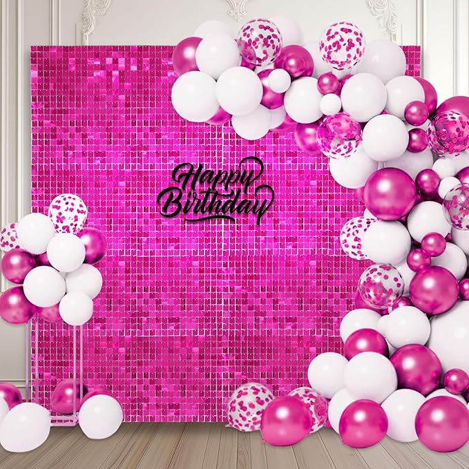 36 PCS Fuchsia Shimmer Wall Backdrop, Square Sequin Photo Backdrops Panel, Glitter Wall Background for Birthdays, Weddings, Halloween, Engagements, Disco Bachelorette Party Decoration (6FTx6FT)