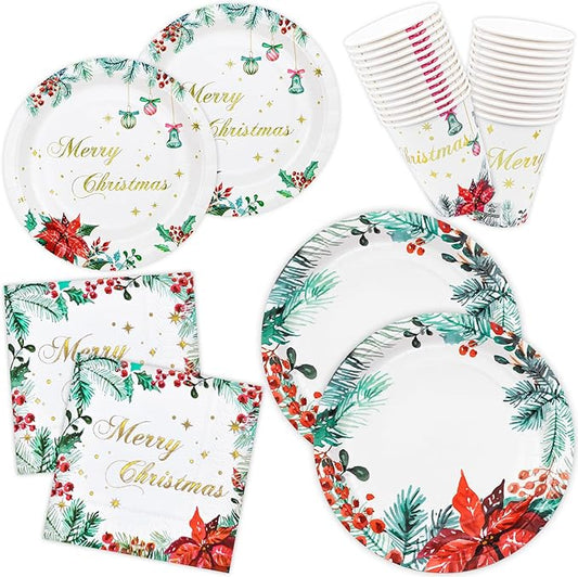 100 Christmas Party Paper Plates Napkins and Cups Set Poinsettia Disposable Dinnerware Set