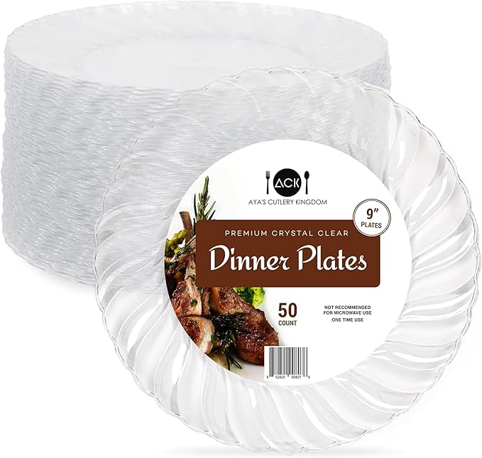 Aya's Cutlery Kingdom 50 Pack Clear Plastic Plates 9 Inch - Heavy Duty, Round, Disposable Plates for Parties, Weddings, and Events - Elegant Party Plate for Serving Appetizers, Salads, and Desserts