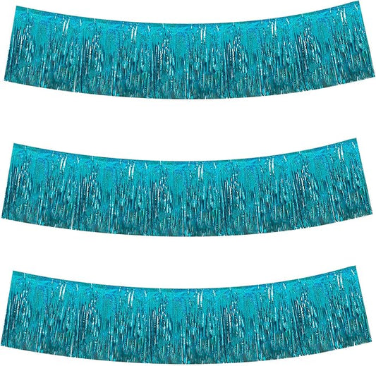 BEISHIDA 3 Packs Metallic Foil Fringe Garland Laser Lake Blue Wall Hanging Tinsel Fringe Banners for Car Floats Bridal Shower Wedding Birthday Easter Graduation Holiday Party Decoration(30 Feet)